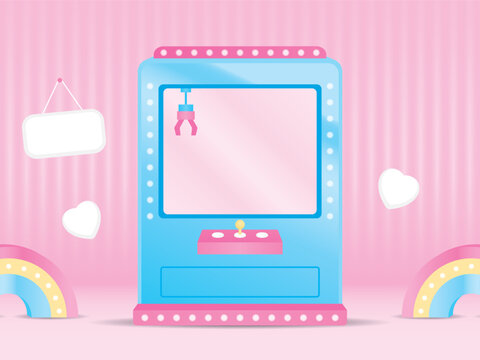 cute claw machine with kawaii rainbow on sweet pastel pink background graphic vector 