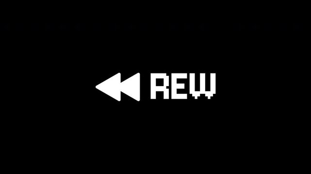 Rewind vhs and rew text on black background suitable for video editing, media playback, retro themes, technology concepts.