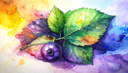 Watercolor of a blueberry with leaves rests on vibrant background of splattered hues, blending smoothly