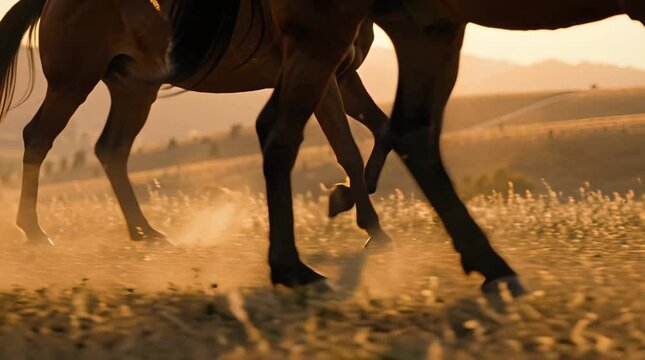 Close Up of Brown Horse Legs Galloping on Golden Grassland at Sunset Revealing Movement and Energy with Dust Clouds and Warm Colors