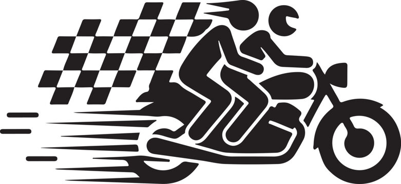 Two riders on a motorcycle speeding with a checkered flag in the background