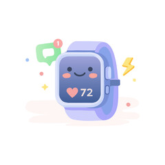Smartwatch Fitness Tracker Cartoon Illustration With Heart Rate Display. Cute Wearable Health Monitoring Watch Character With Notification