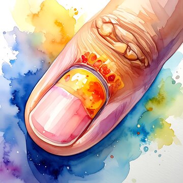 Watercolor painting depicts a close-up of a finger with a damaged, discolored nail against a vibrant, colorful backdrop