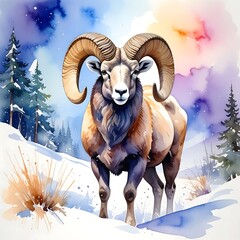 Watercolor of a ram standing in snowy terrain under a colorful, cloudy sky near conifer trees