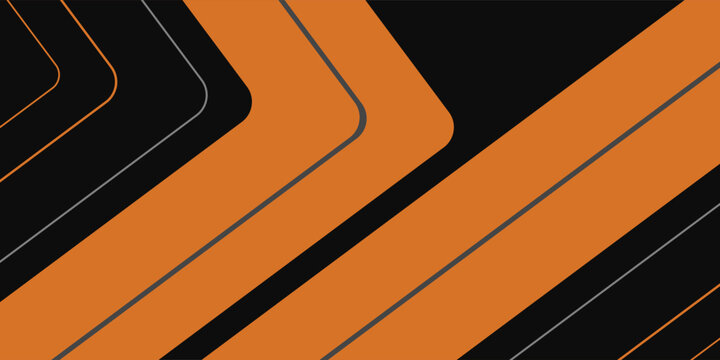 Black abstract wide horizontal banner with orange and gray lines, arrows and angles. Dark modern sporty bright futuristic abstract background.