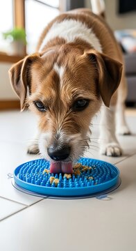 A Jack Russell Terrier Dog Enjoying Its Meal From a Blue Lick Mat.