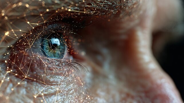 digital connection and neural network visualization of human eye with fibers and light reflection