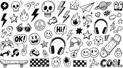 Black and white doodle art collection with various icons and symbols Keywords: doodle, drawing