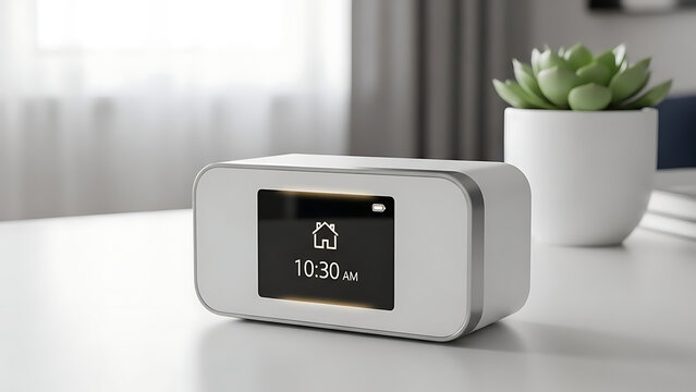Smart home hub device with digital alarm clock display showing time on bedside table near green succulent plant in bright modern living room space