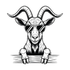 Cool Goat Wearing Sunglasses Peeking Over Wooden Fence animal