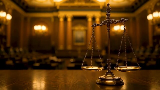 Justice scale standing on wooden table inside classic courtroom with warm lighting, legal authority atmosphere and traditional judicial setting