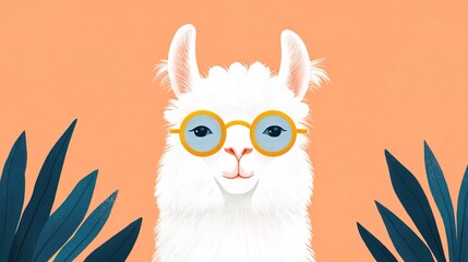 Fototapeta premium Llama with glasses in front of a bright orange background and green leaves