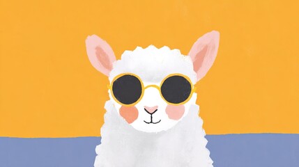 Obraz premium Cute llama wearing sunglasses poses against a bright orange background in a simple artistic style