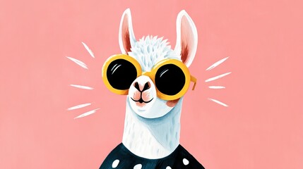 Obraz premium Llama wearing sunglasses and a polka dot shirt poses against a pink background during a fun art event
