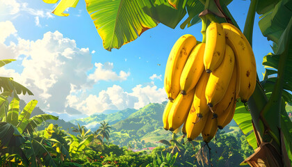 Ripe Yellow Bananas Hanging on a Tree Branch Against a Vibrant Blue Sky with Lush Green Tropical Foliage and Distant Hills Bathed in Bright Sunlight