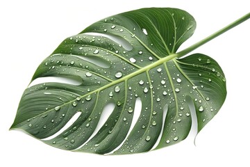 Tropical green leaf with visible veins, dew drops, macro photography, isolated on transparent background
