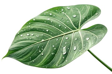 Tropical green leaf with visible veins, dew drops, macro photography, isolated on transparent background
