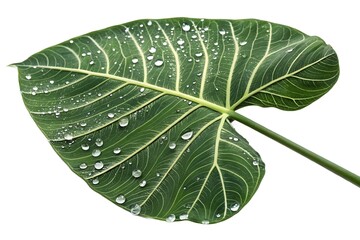 Tropical green leaf with visible veins, dew drops, macro photography, isolated on transparent background