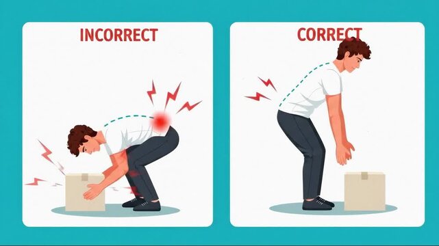 Man Demonstrating Incorrect And Correct Posture For Lifting A Box