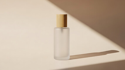 Elegant frosted glass bottle with light wood cap standing on neutral surface with geometric shadow play for luxury skincare and perfume product mockup