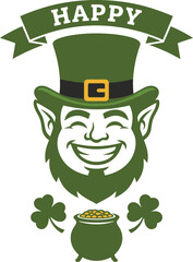Happy leprechaun illustration with a pot of gold and shamrocks for st. patrick's day