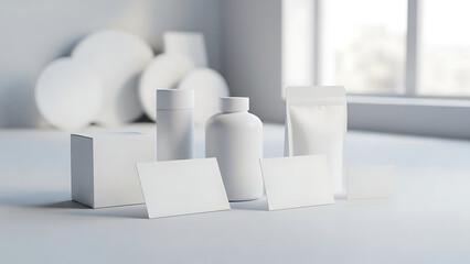 Minimalist white product packaging collection including boxes bottles pouches and cards in bright studio setting for cosmetic or skincare branding