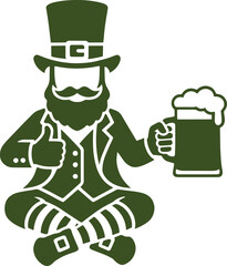A cheerful leprechaun in a green suit gives a thumbs-up while holding a refreshing beer