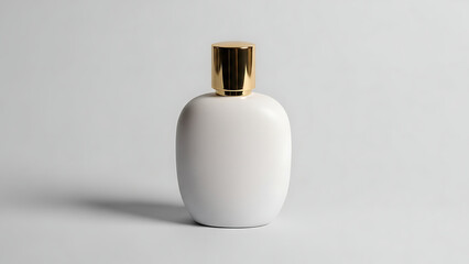 Elegant white ceramic bottle with shiny gold cap isolated on light grey background with soft side lighting and subtle shadow for luxury perfume brand