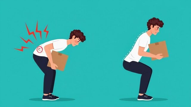 Man Demonstrating Proper and Improper Box Lifting Techniques with