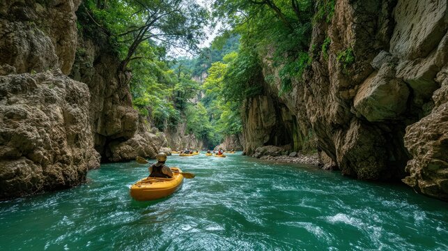Kayakers navigating a turquoise river through a lush, rocky gorge