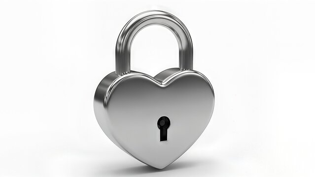 Shiny silver heart shaped padlock with keyhole isolated on white background