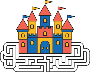 Fototapeta premium A colorful cartoon castle with a maze at the bottom, featuring multiple towers and flags on a white background.