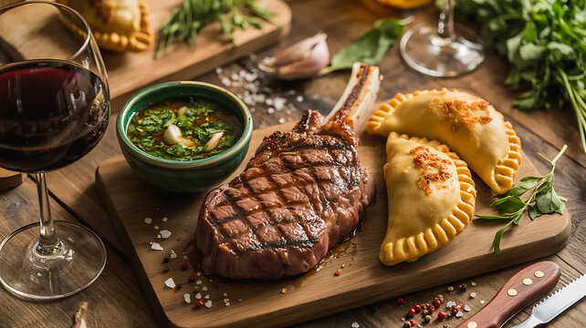 Gourmet Grilled Steak, Empanadas, and Red Wine on a Rustic Table