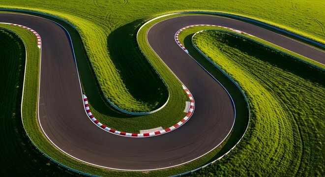 Aerial view of a winding race track with lush green grass