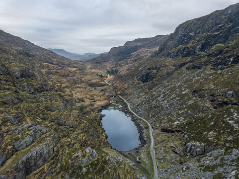 Aerial view of the Gap of Dunloe between the MacGillycuddy's Reeks and Purple Mountain, County Kerry, Ireland