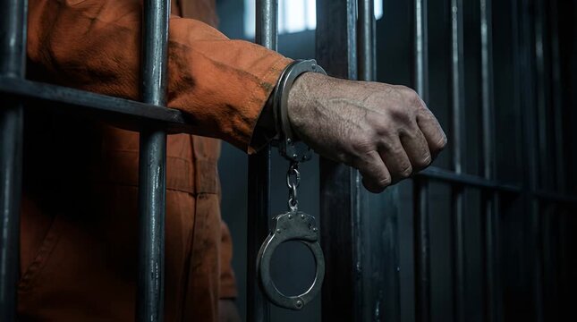 Handcuffed Prisoner Gripping Jail Bars in Orange Jumpsuit Under Dim Lighting With Depths of Steel Bars