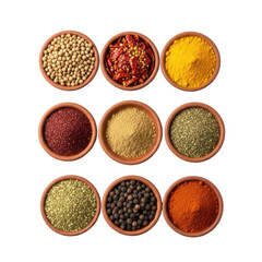 Direct overhead, eight small rustic terracotta bowls with diverse dried spices (coriander, chili, turmeric, sumac, cumin, za'atar, peppercorns, paprika) on a transparent background, concept of