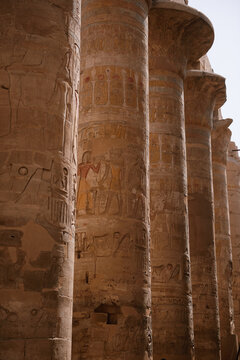 Close-up of a row of Columns ancient hieroglyphics, Karnak Temple Complex, Luxor, Egypt