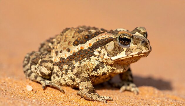 Brown toad sitting on sandy ground.