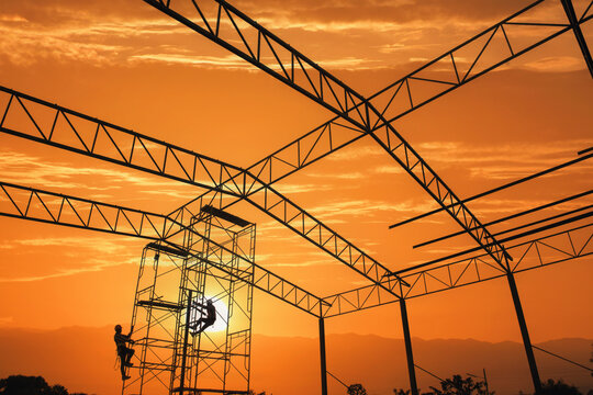 Silhouette of two construction workers climbing on structural steelwork at sunset, Thailand