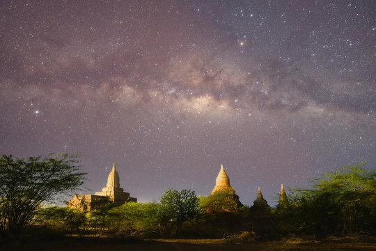 Milky way at night over stupas on ancient temples, Bagan, Mandalay, Myanmar