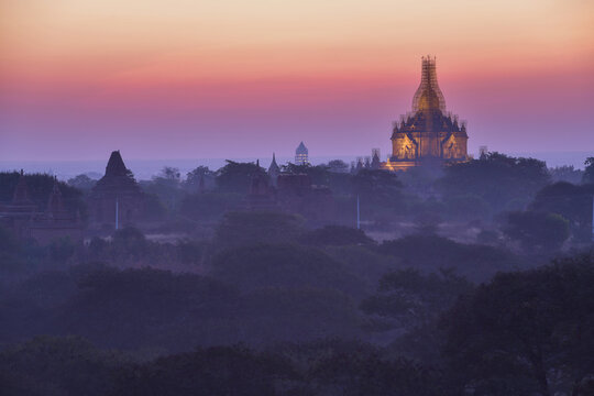 Dramatic sunset over  stupas on ancient temples, Bagan, Mandalay, Myanmar