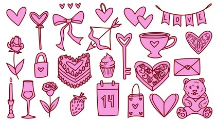 Valentines day elements illustrations set. Pink cartoon clipart on transparent background. 