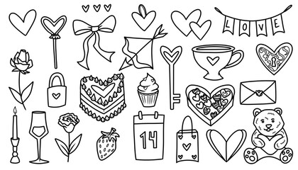 Valentines day line art elements illustrations set. Black outline romantic clipart on transparent background.	