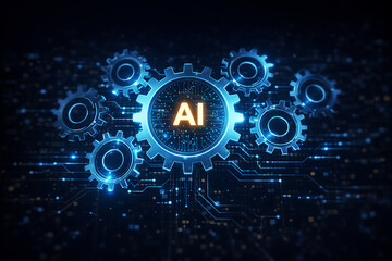 Artificial Intelligence Concept with Gears and Circuitry Background