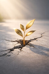 Golden Plant Growing Through Cracked Concrete Surface