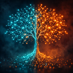 Illuminated Tree with Blue and Orange Lights in Abstract Setting