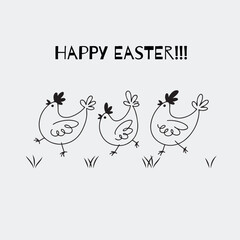 Minimalist Easter greeting card with hand drawn chickens and &ldquo;Happy Easter&rdquo; lettering. Black line doodle illustration isolated on transparent background for prints, cards, and posters.