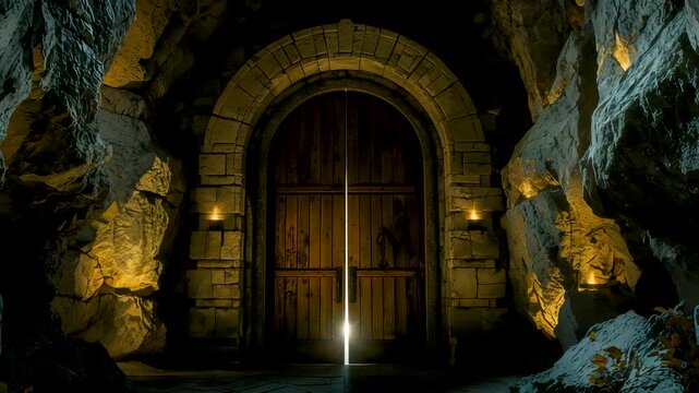 Ancient stone doorway carved into rocky cave with wooden door and glowing torchlight creating mysterious underground passage scene