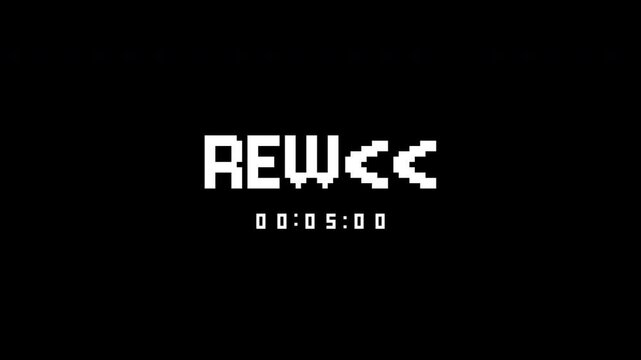 Rewind vhs with pixelated text and timecode, perfect for adding nostalgic touch to video game or music productions.